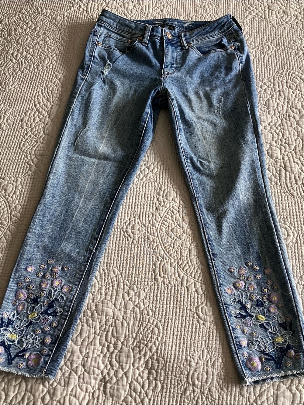 Seven7 Light Blue Skinny Jeans with Floral Embroidered Hems